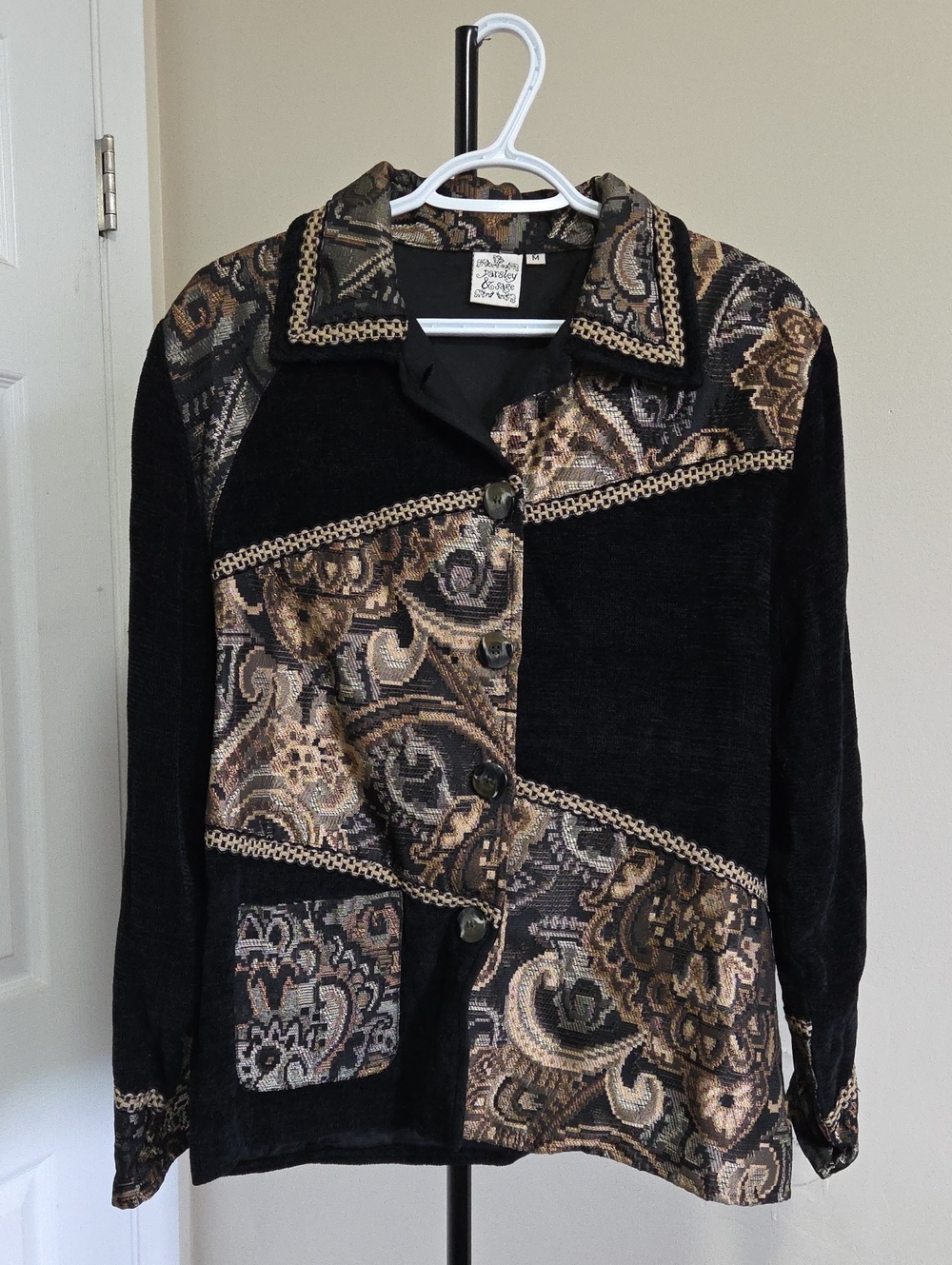 Parsley & Sage Black Blazer with Brown Paisley Patchwork Accents